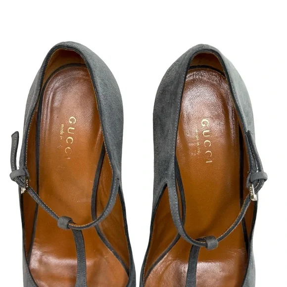 Gucci Betty T Strap Peep Toe Grey Suede Pumps 37 - Picture 6 of 16